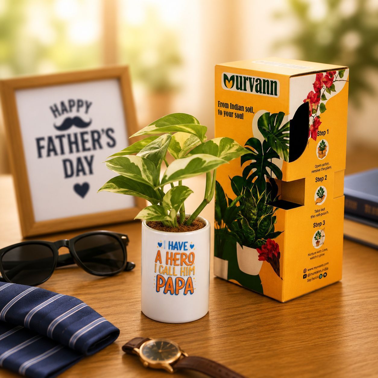 Money Plant N'joy in 4 Inch White Glossy Stem Pipe Ceramic Planter - Gift For Dad