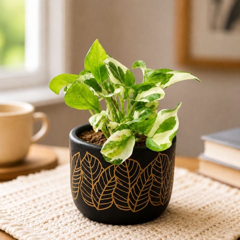 Money Plant N'Joy in 4 Inch Golden Leaf Premium Clay Terracotta Planter - in Premium Gifting Box