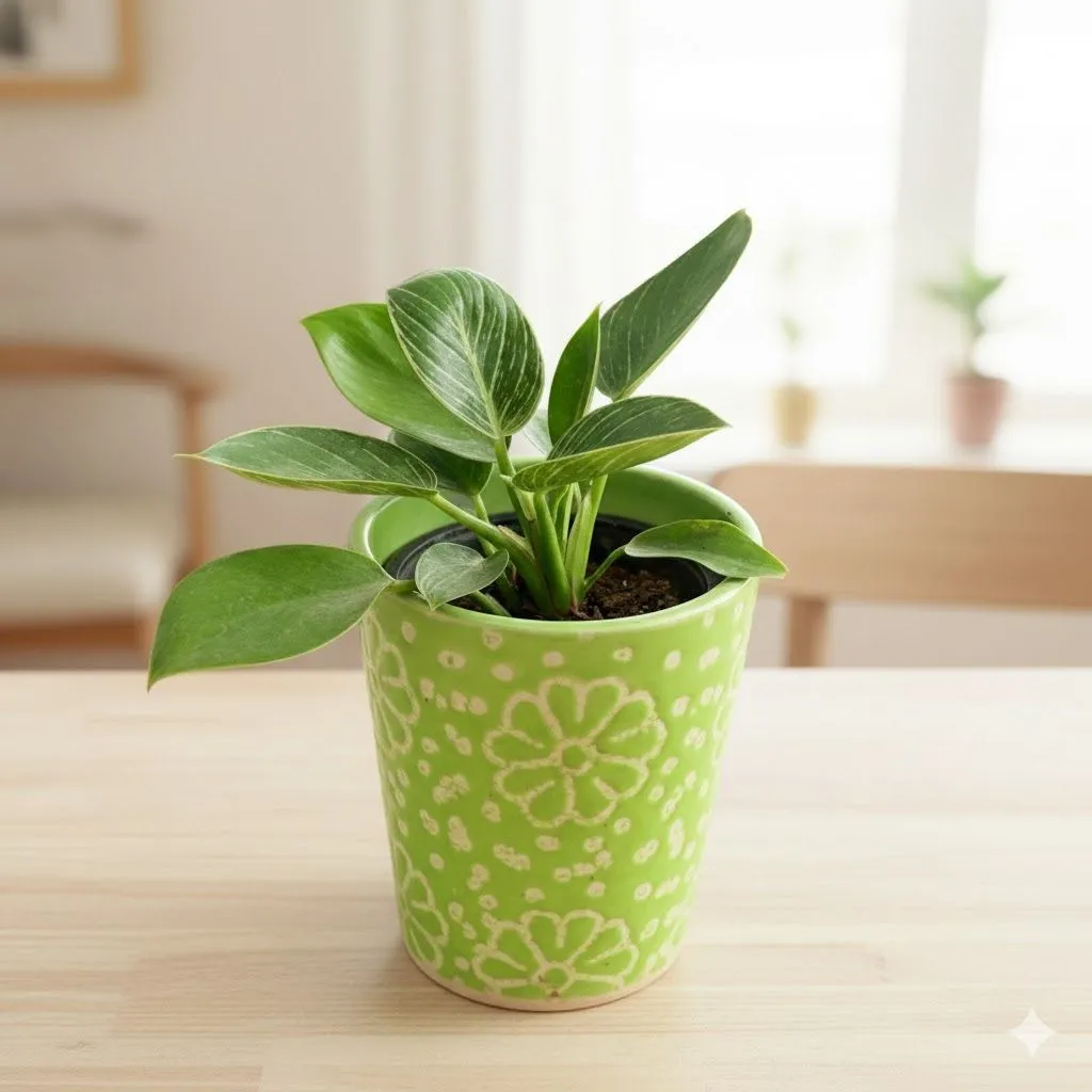 Money Plant N'joy in 4 inch Green Floral Designer Taper Ceramic Pot