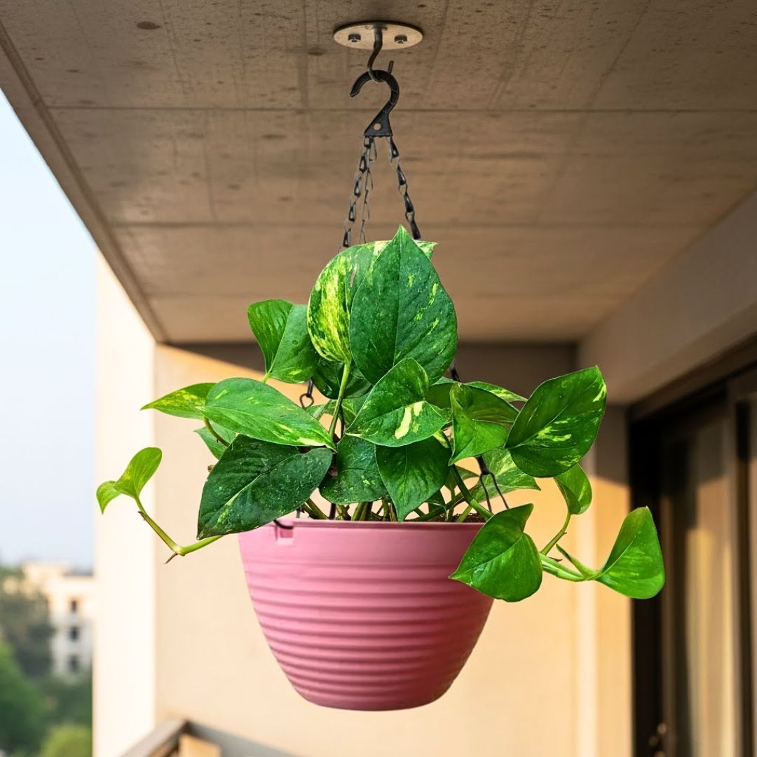 Money Plant Green in 7 Inch Candyblush Pink Premium Zylo Hanging Plastic Basket
