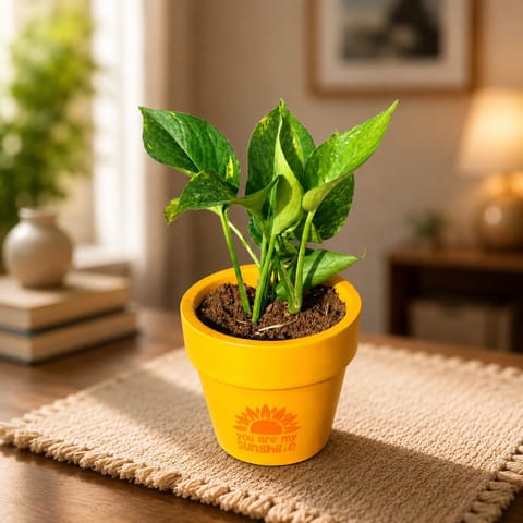 Money Plant Green in 4 Inch Happy Sunshine Premium Clay Terracotta Planter - in Premium Gifting Box