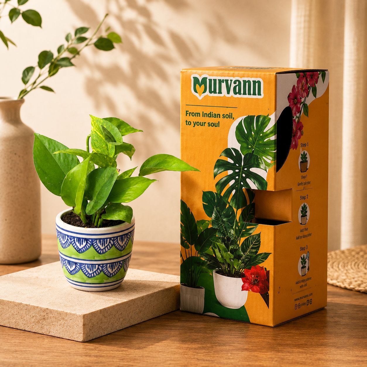 Money Plant Green in 4 Inch Heritage Sage Pixel Cup Ceramic Planter - In Premium Gifting Box
