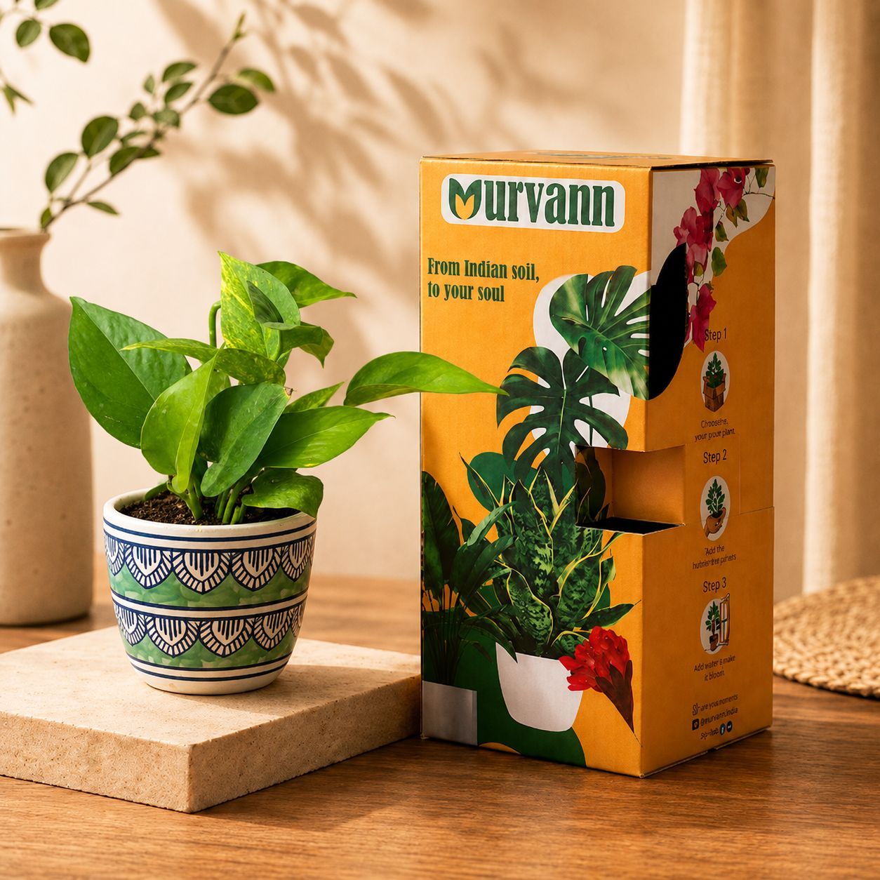Money Plant Green in 4 Inch Heritage Sage Pixel Cup Ceramic Planter - In Premium Gifting Box