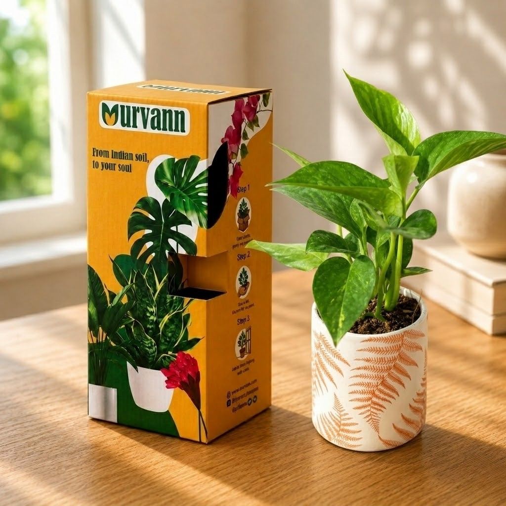 Money Plant Green in 4 inch Leaf Sunset Stem Pipe Ceramic Planter - in Premium Gifting Box