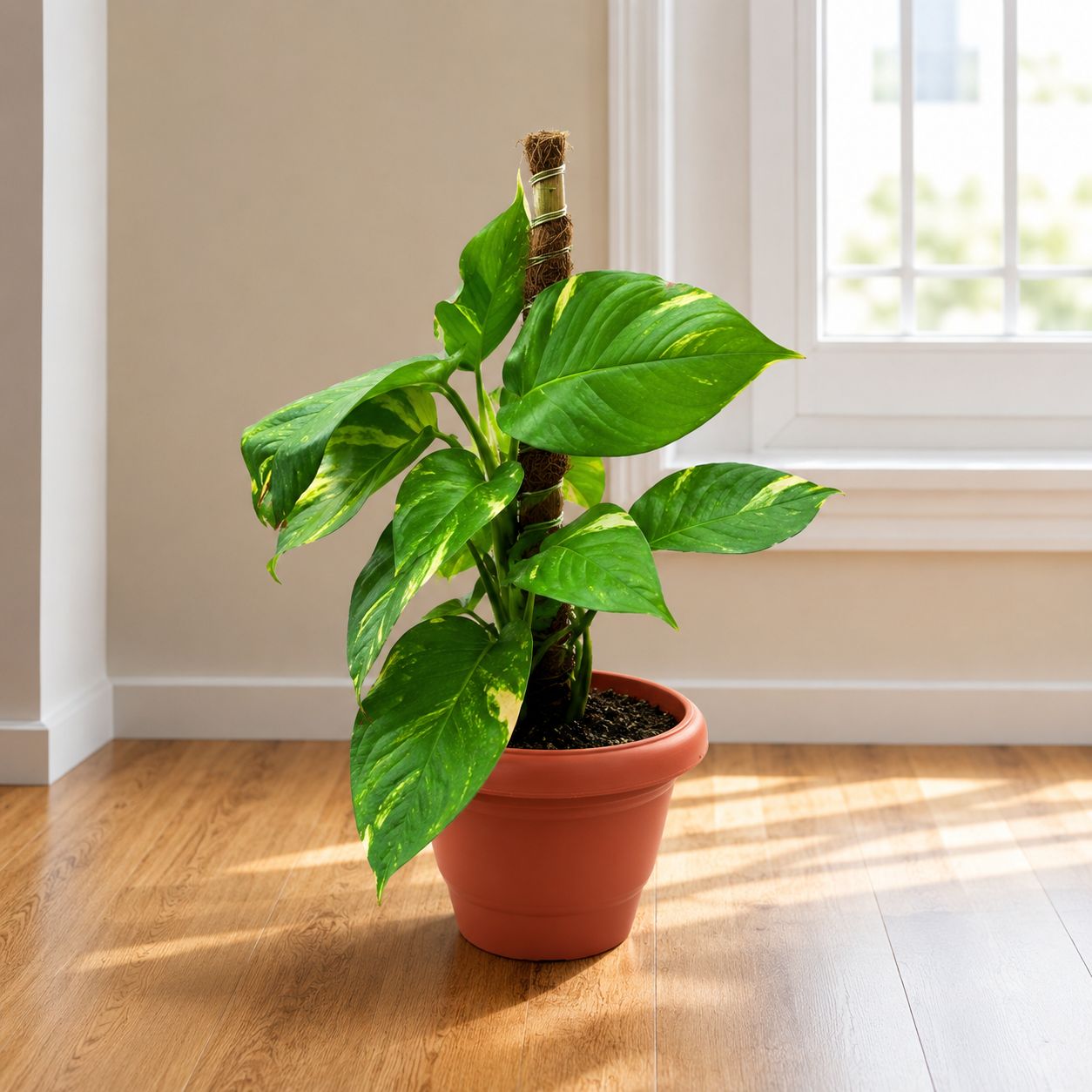 Money Plant Green With Moss Stick (~ 1.5 Ft) in 8 Inch Terracotta Red Classy Plastic Pot