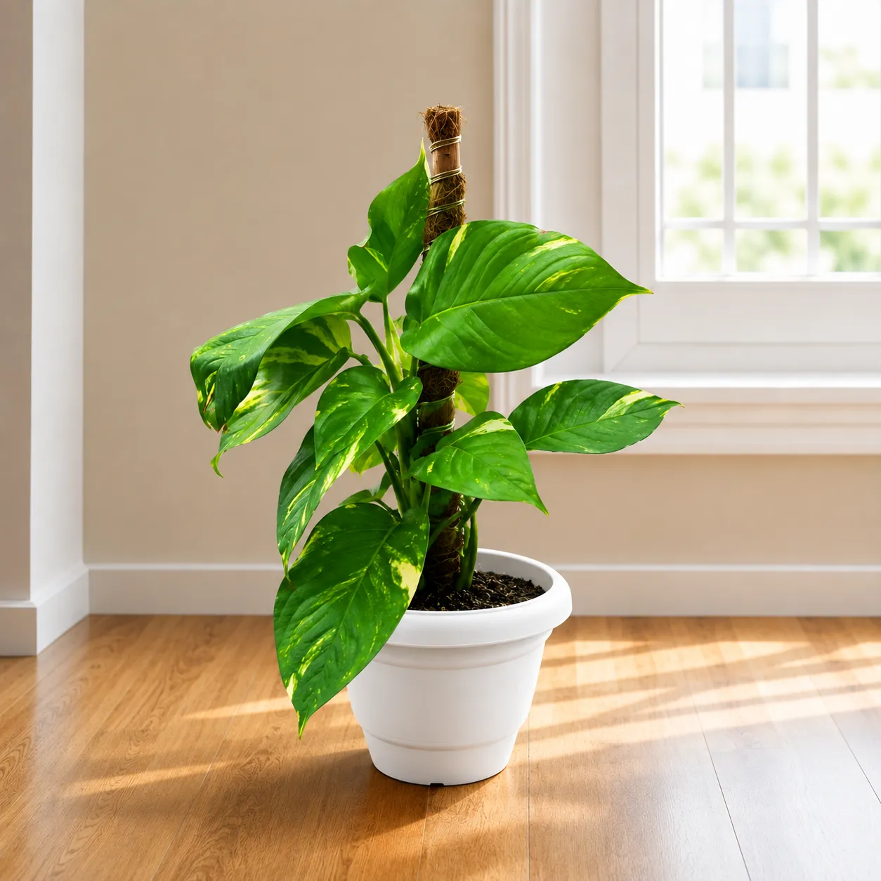 Money Plant Green With Moss Stick (~ 1.5 Ft) in 8 Inch Terracotta White Classy Plastic Pot