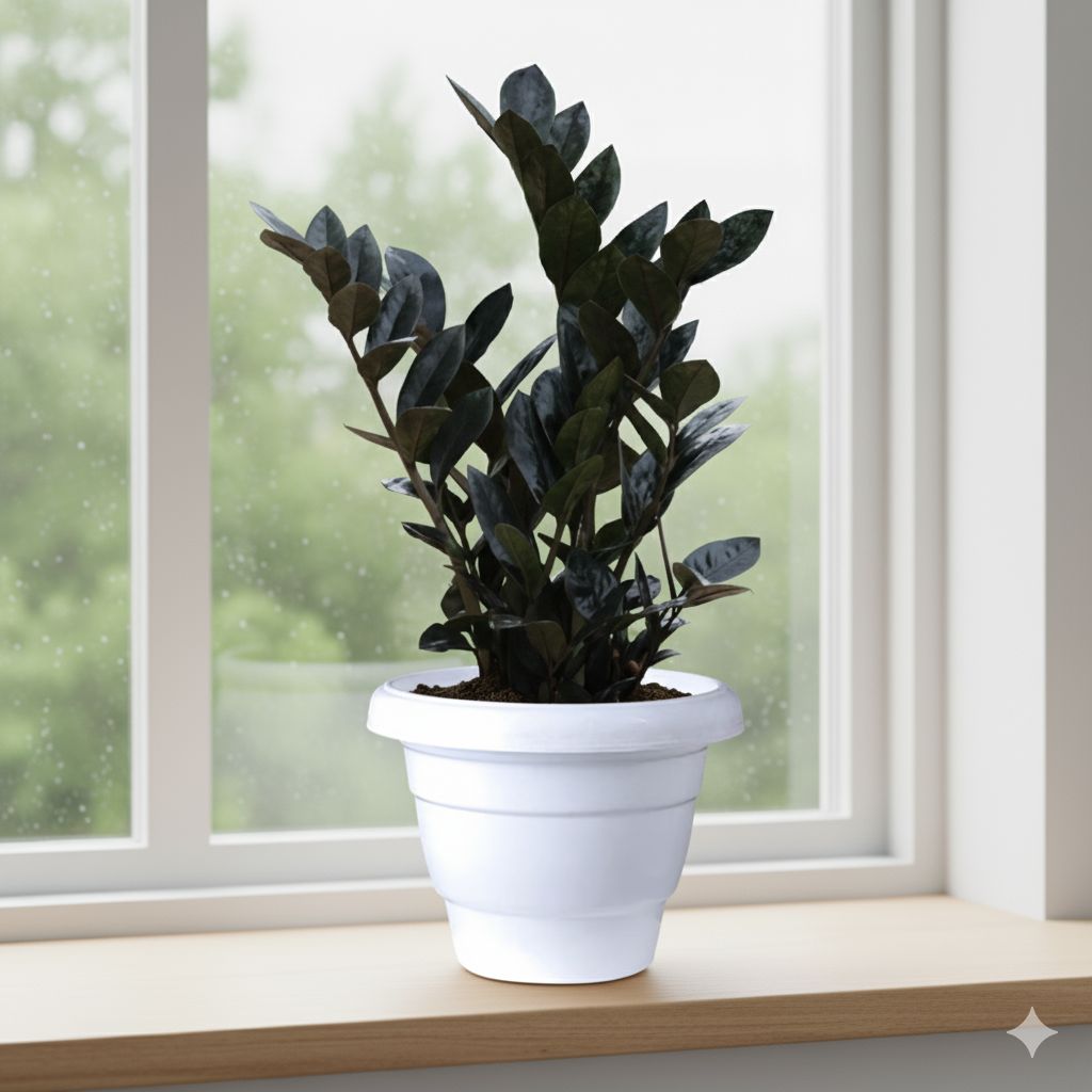 Zz Black Bushy in 8 inch Classy White Plastic Pot