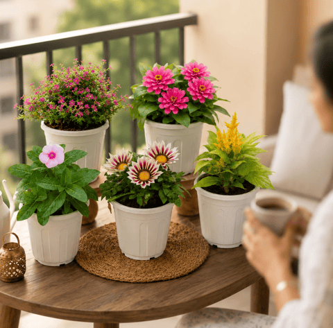 Mini Balcony Flowering Pack - Set of 5 - Gazania, Vinca / Sadabahar, Cuphea, Celosia & Zinnia (any color) in 6 inch White Nursery Pot