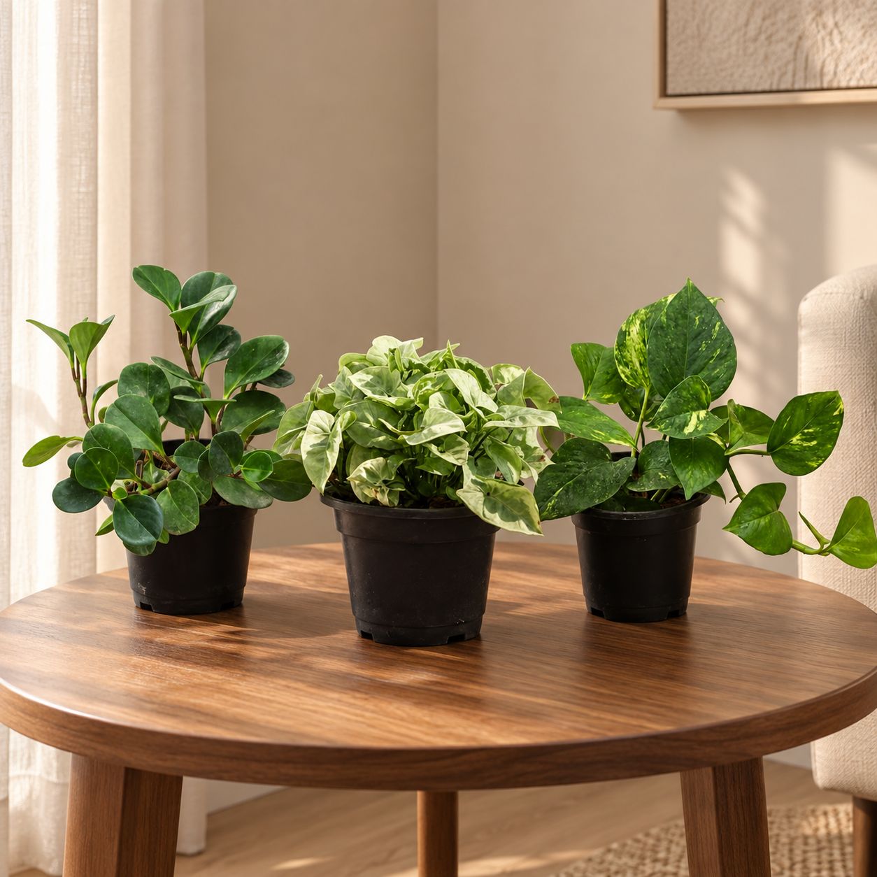 Indoor Greens Trio - Set of 3 - Money Plant Green, Baby Rubber Green & Syngonium Green in 4 inch Nursery Pot | Mini Desk Setup