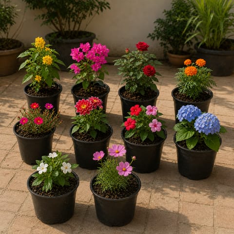 Terrace Flowering Garden Makeover - Set of 10 - Rose, Bougainvillea, Hydrangea, Tecoma, Marigold, Portulaca Moss Rose, Dahlia, Balsam, Wishbone & Cosmos (any color) in 5 inch Black Nursery Pot | Balcony & Terrace Setup