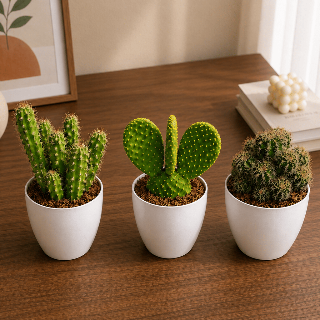 Cactus Delight - Set of 3 - StarBurst Spine Cactus, Boxer Cactus & Bunny Ear Cactus in 4 Inch White Orchid Plastic Pots