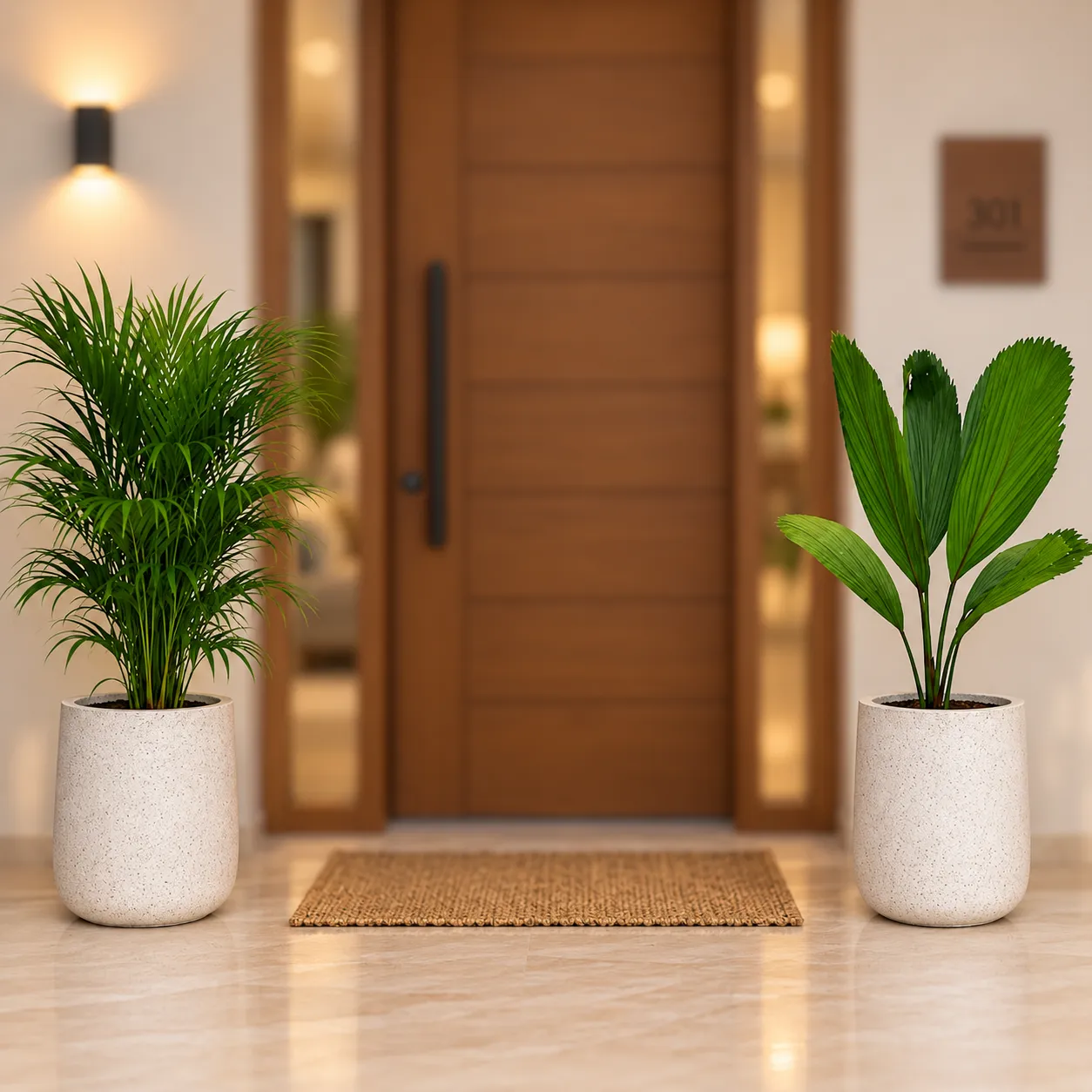 Indoor Evergreen Duo - Set of 2 - Areca Palm & Ruffled Fan Palm (~2.5 ft) in 15 X 15 Inch Premium Sierra Fiberglass Planter | Tropical Ornamental Plants