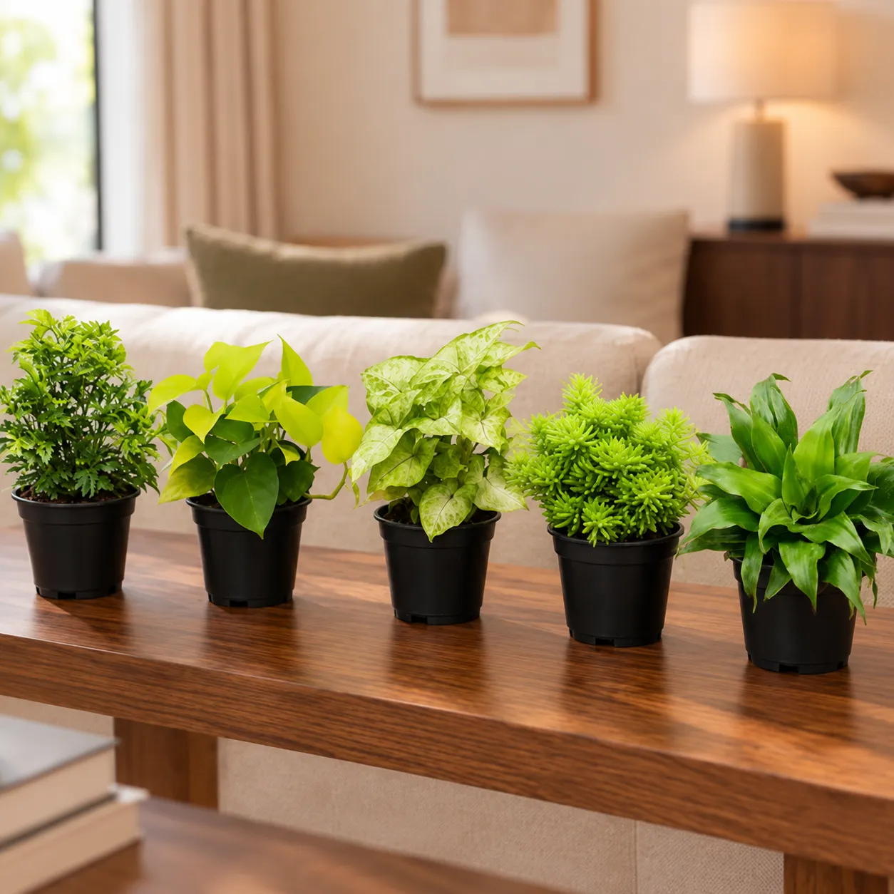 Little Indoor Plants Escape - Set of 5 - Aralia Green, Money Plant Golden, Syngonium White, Sedum Golden Succulent & Dracaena Compacta in 4 inch Nursery Pot