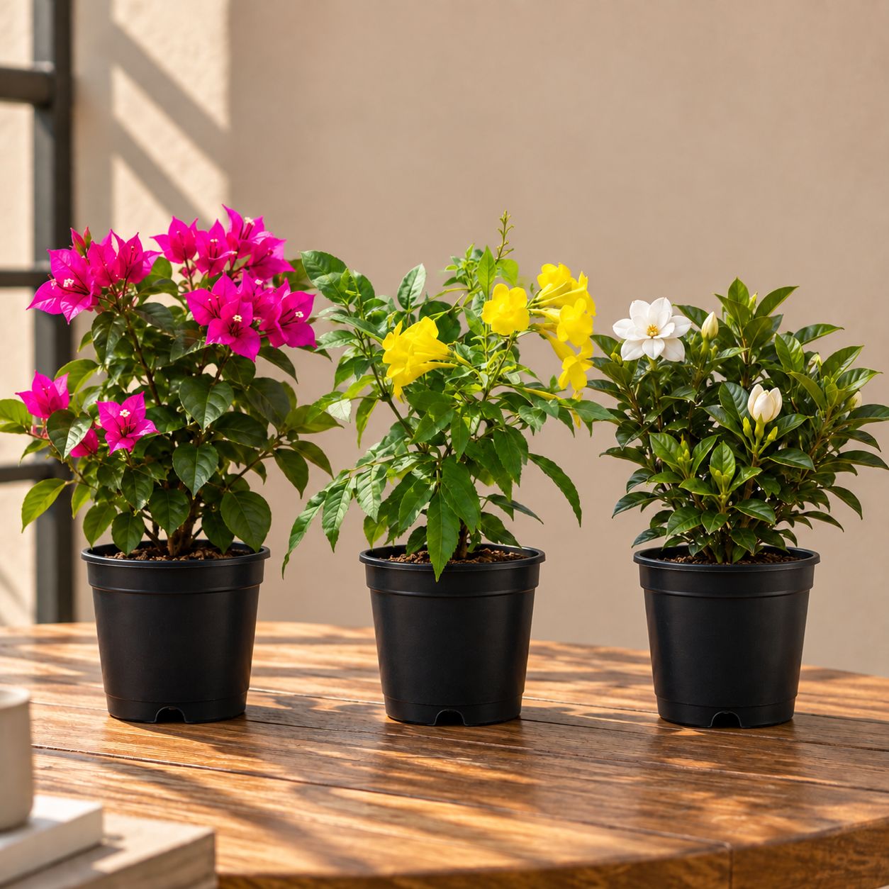 Permanent flowering Plants Bloom - Set of 3 - Bougainvillea Pink, Gardenia / Gandhraaj & Tecoma Yellow in 5 Inch Nursery Pot