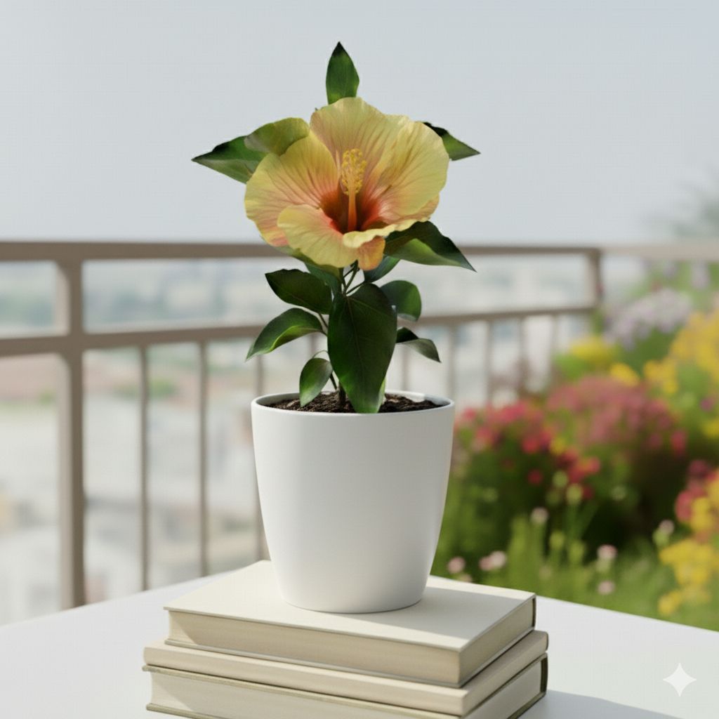 Hibiscus / Gudhal Dwarf (any colour) in 5 Inch Classy White Cup Ceramic Pot