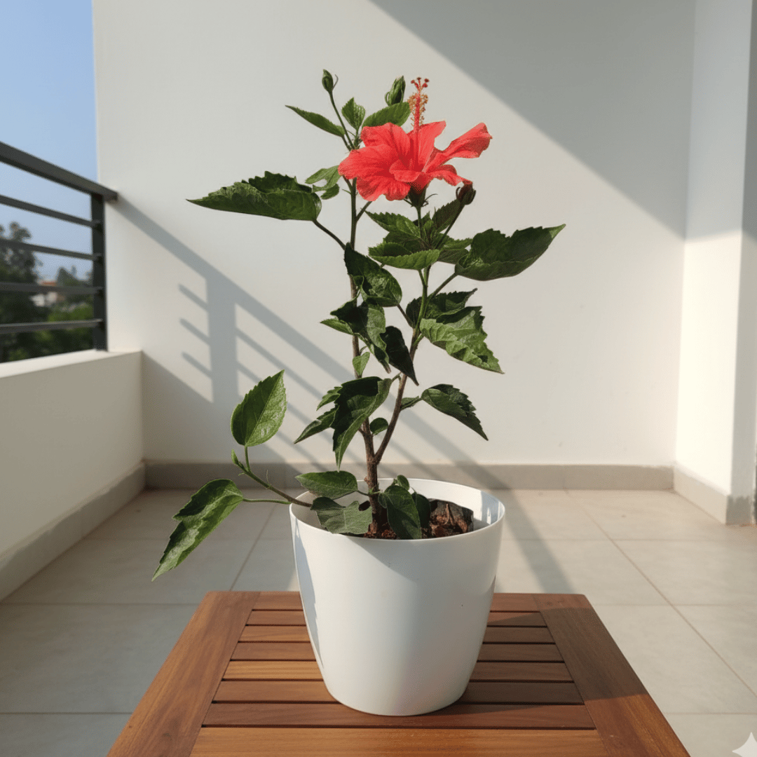 Hibiscus / Gudhal (Any Colour) in 7 Inch Elegant White Plastic Pot