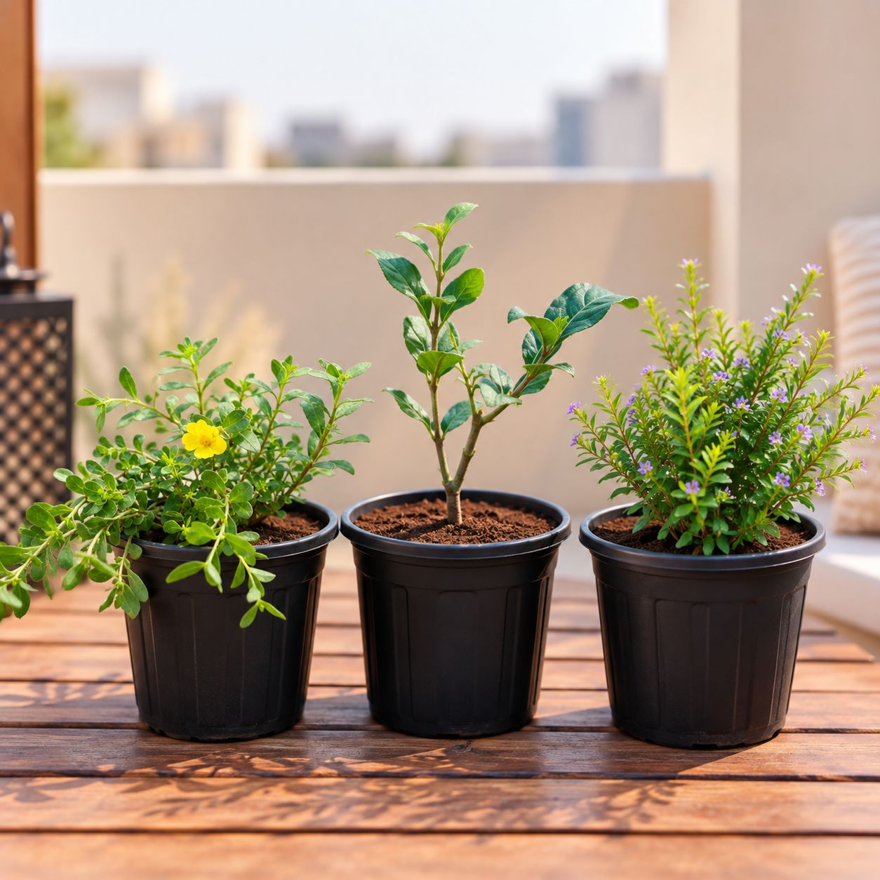 Outdoor Plants - Set of 3 - Cuphea / False Heather, Portulaca Moss Rose (any colour) & Mogra / Jasmine in 6 inch Black Nursery Pot| Flowering Collection