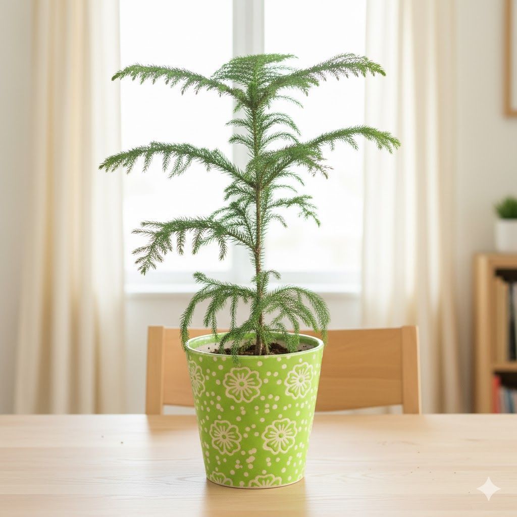 Araucaria / Christmas Tree in 7 Inch Green Floral Designer Taper Ceramic Pot
