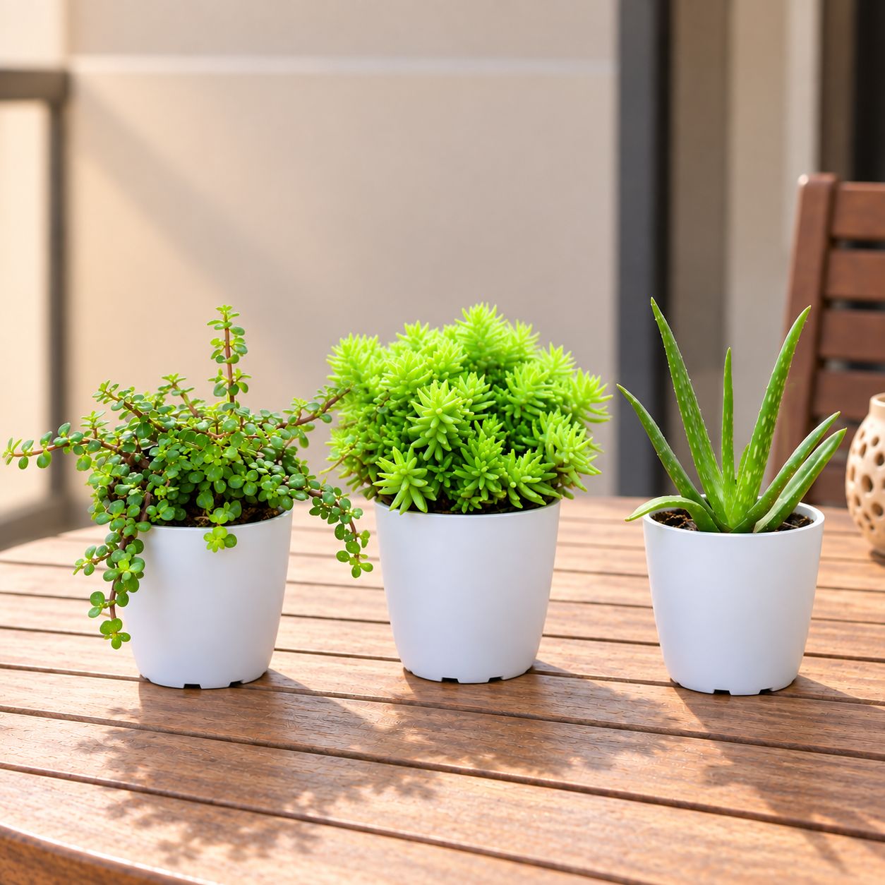 Outdoor Low Maintenance Plants - Set of 3 - Jade, Sedum Golden & Aloe Vera in 6 Inch White Premium Orchid Round Plastic Pot | Easy Care Sun Lovers