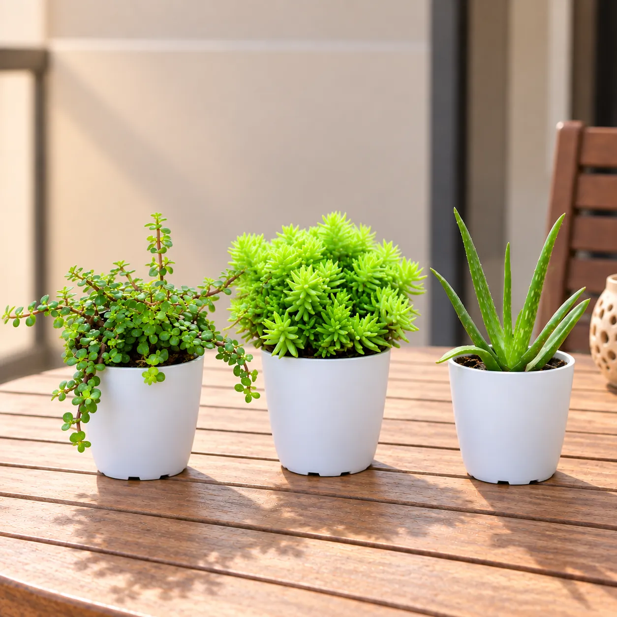 Outdoor Low Maintenance Plants - Set of 3 - Jade, Sedum Golden & Aloe Vera in 6 Inch White Premium Orchid Round Plastic Pot | Easy Care Sun Lovers