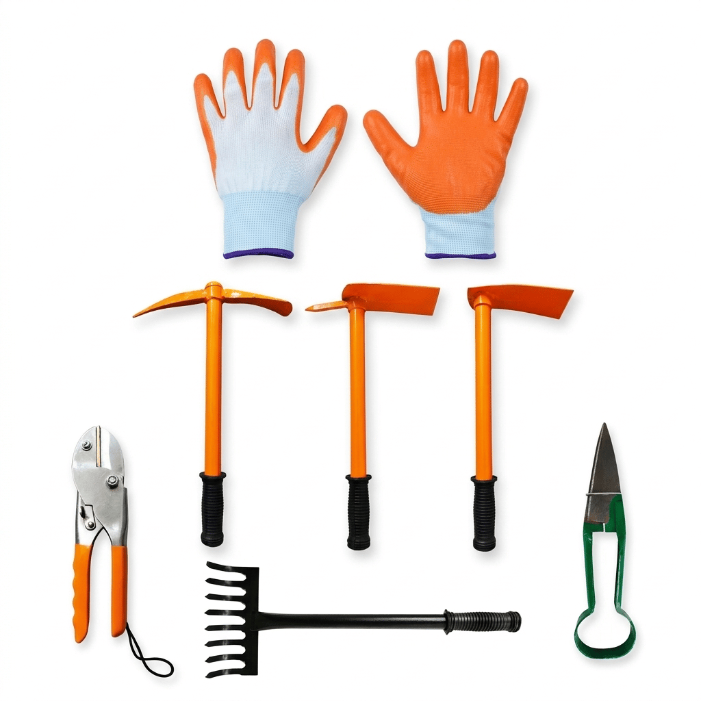 Urvann's Lawn Maintenance Tool Kit | Tiller, Hand Hoes with Prongs, Baby Rake, Secateurs, Side Cutter & Gloves | 7-Piece Set