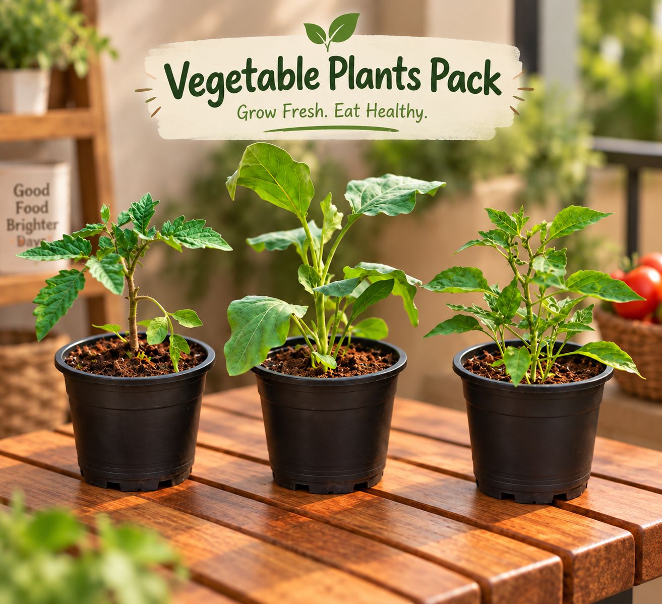 Vegetable Plants - Set of 3 - Baigan / Brinjal, Tomato & Chilli / Mirchi Plant in 4 Inch Nursery pot