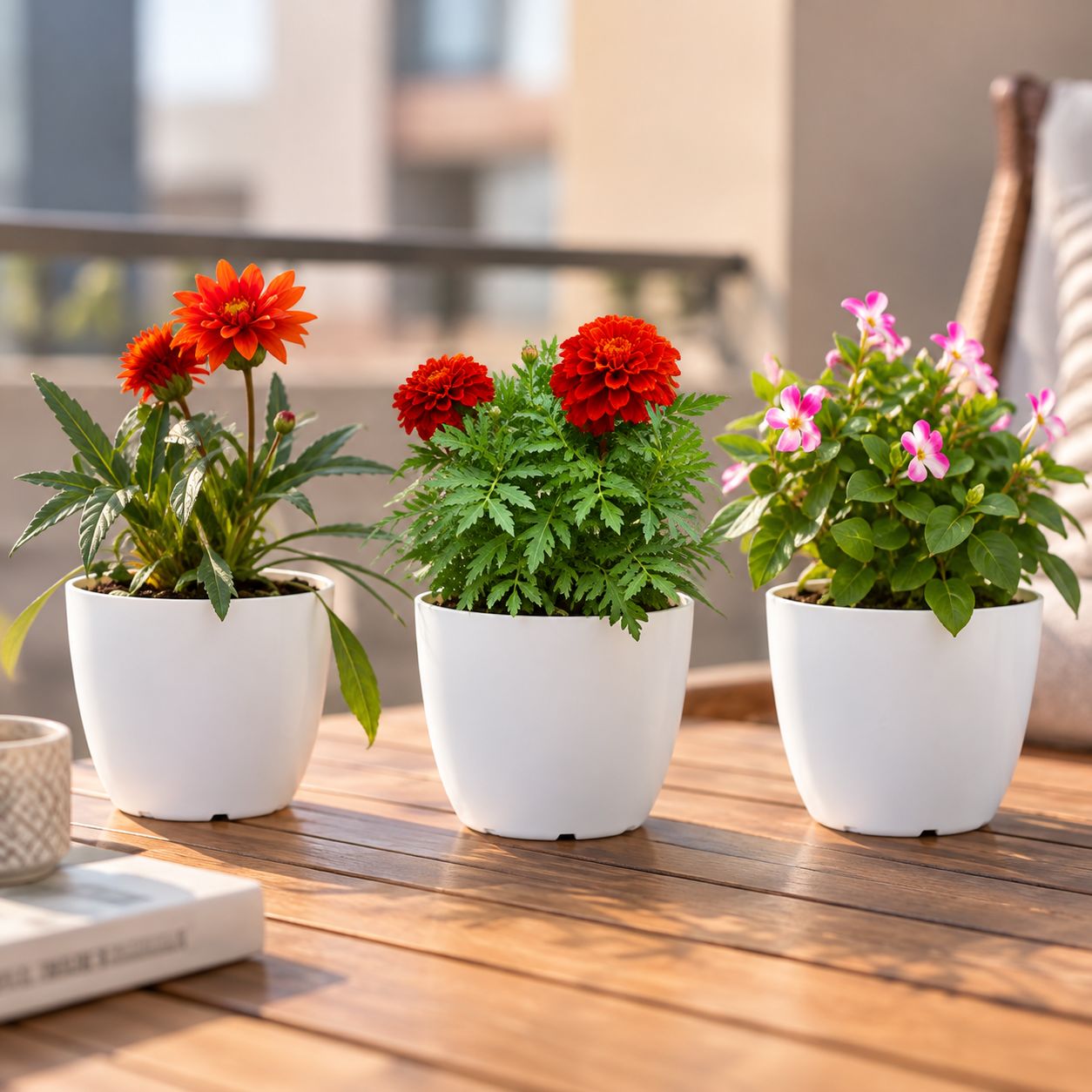 Flowering Decor Plants Combo - Set of 3 - Gazania, Marigold / Genda, Wishbone / Torenia (any color) in 4 Inch White Premium Orchid Round Plastic Pot