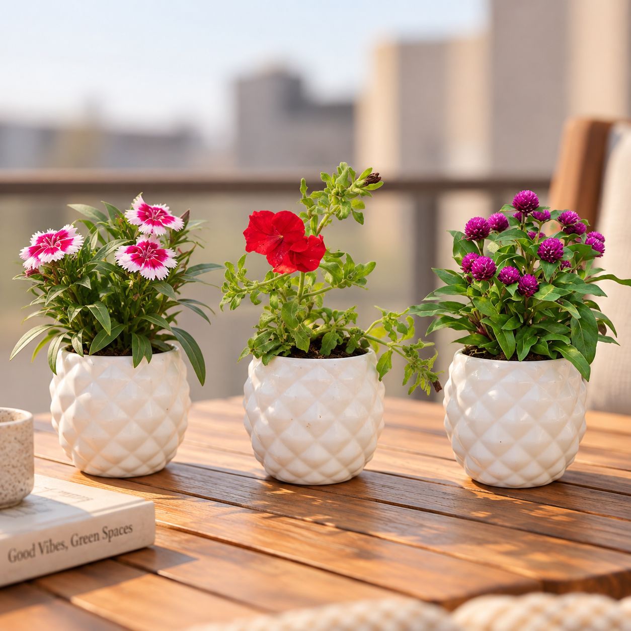 Flowering Decor Plants Combo - Set of 3 - Dianthus, Petunia & Gomphrena (any color) in 4 Inch Classy White Pineapple Textured Ceramic Pot