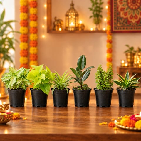 Indoor Plants Combo : Set of 6 - Syngonium, Money Plant, Spider Plant, Rubber Plant, Jade & Snake Dwarf (Any Variety)  in 4 Inch Nursery Pots | Best Selling Indoor Plants for Home & Office