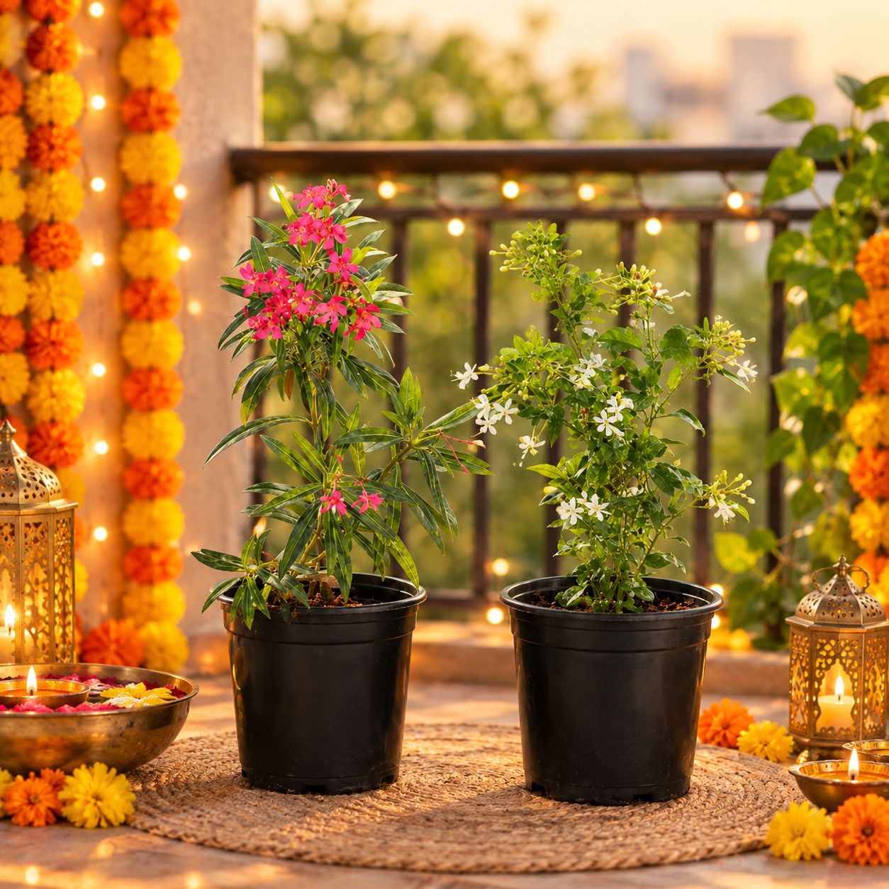 Floral Muse: Set of 2- Kaner/ Oleander (any color) & Juhi/ Jasmine in 6 inch Black Nursery Pot