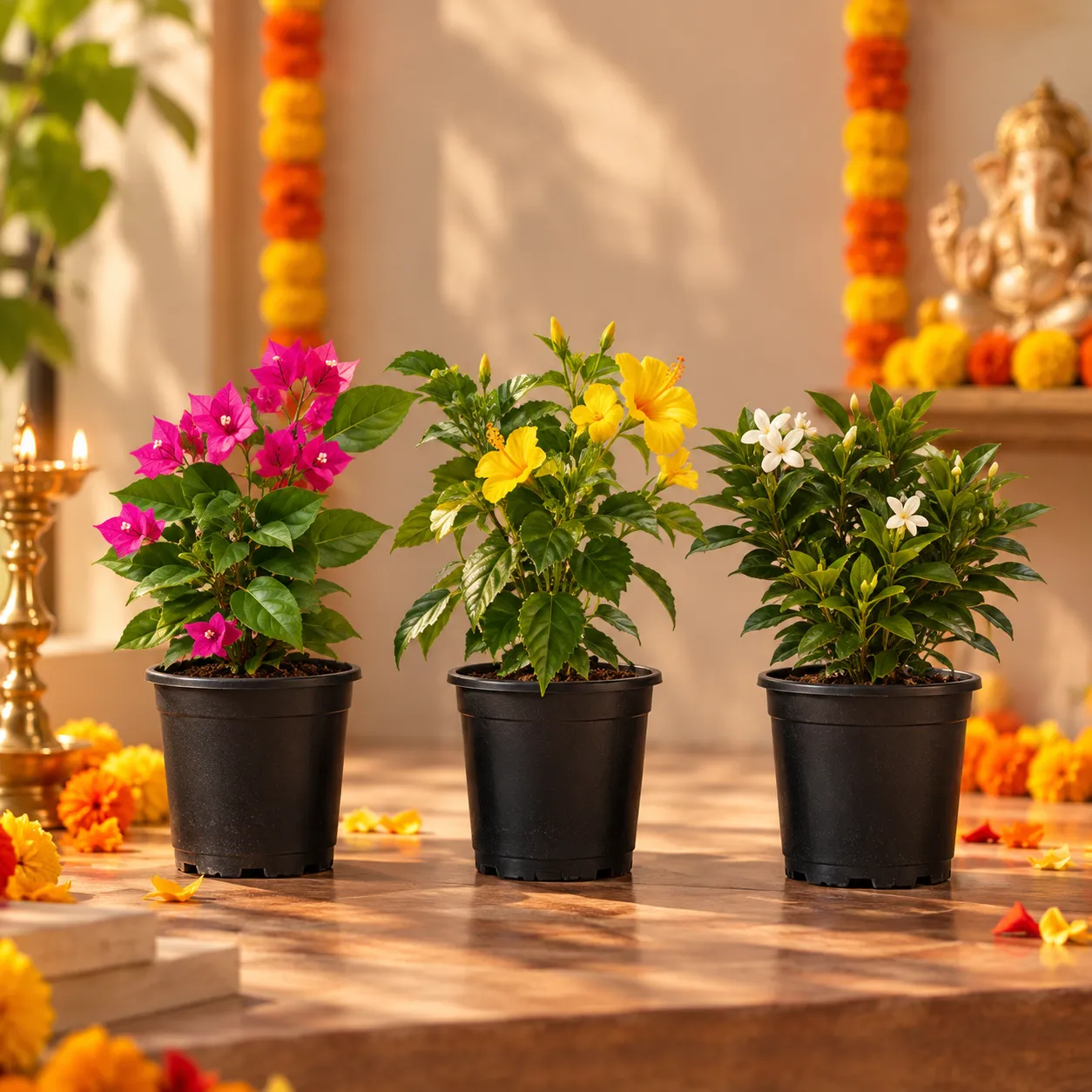 Permanent  flowering Plants Bloom - Set of 3 - Bougainvillea Pink, Gardenia / Gandhraaj & Tecoma Yellow in 5 Inch Nursery Pot