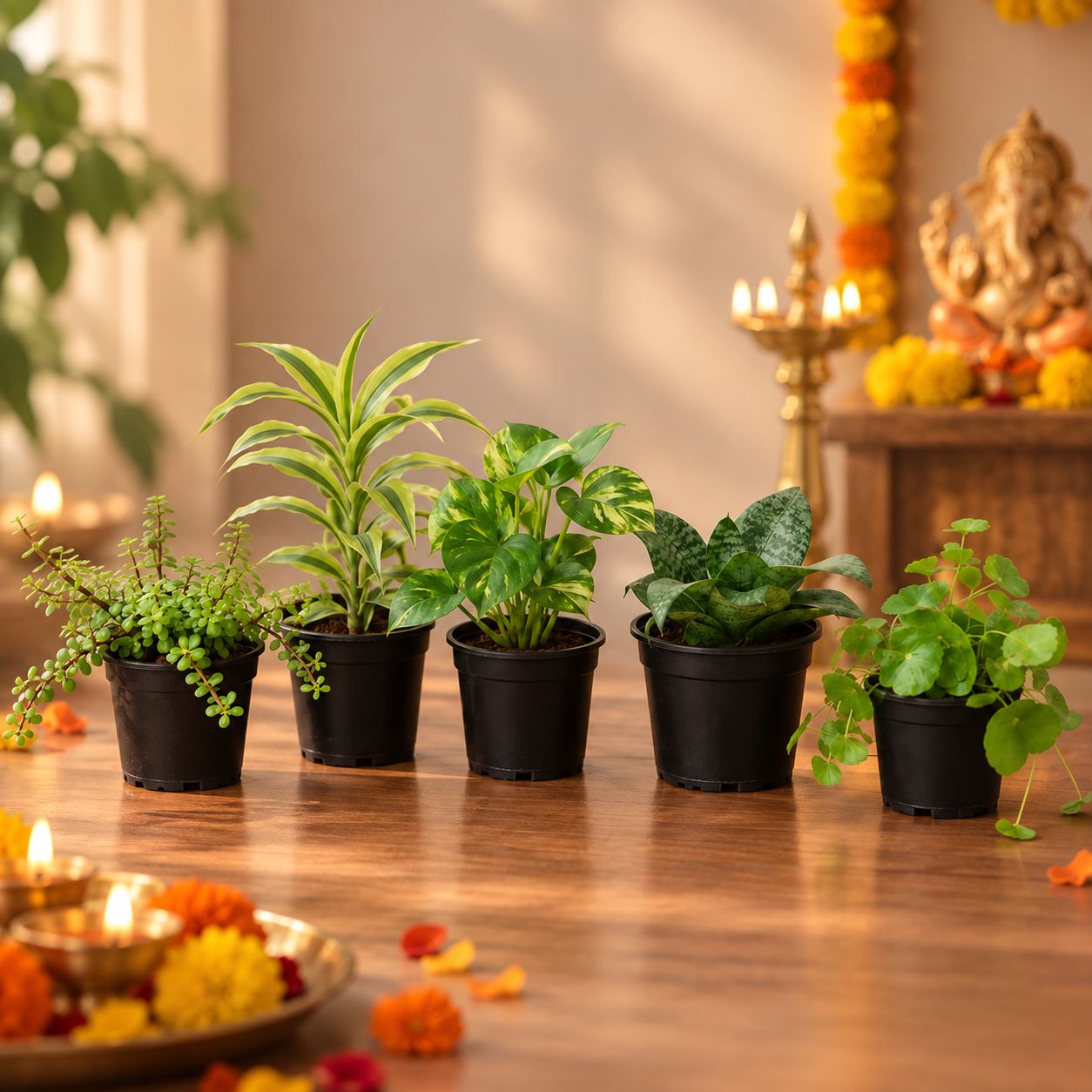 Good Luck Plants: Set of 5 - Lucky Bamboo, Snake Dwarf Green, Brahmi Dollar, Money Plant Green & Jade in 4 inch Nursery Pots