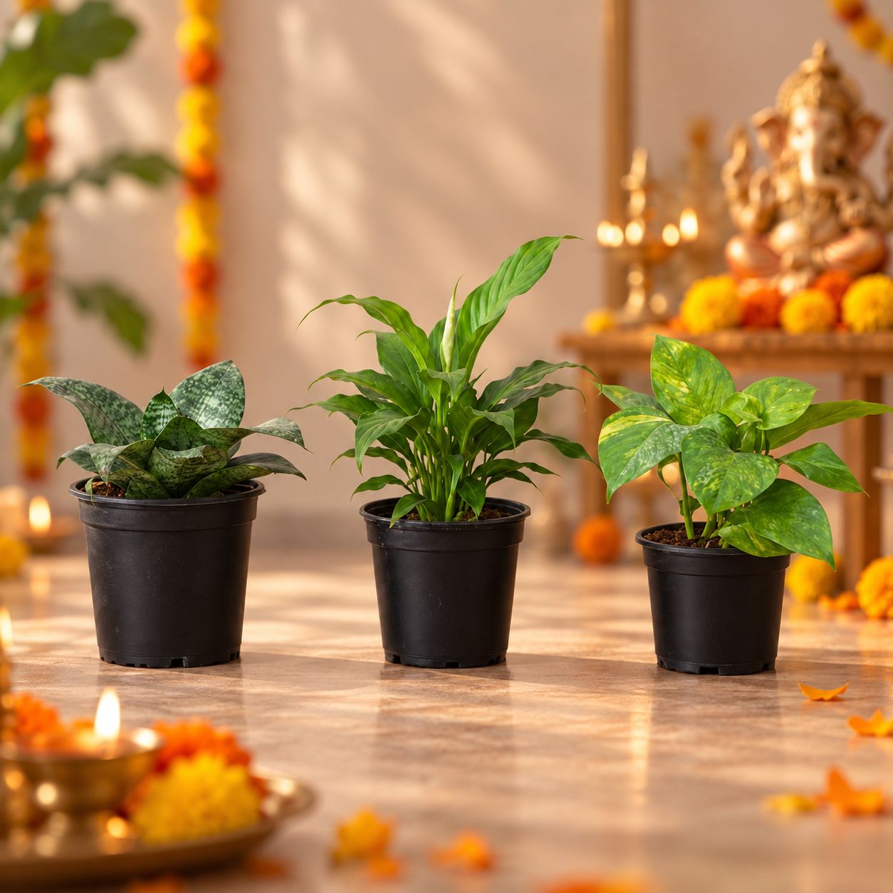 Air Purifying: Set of 3 - Snake Dwarf Green, Peace Lily & Money Plant Green in 4 Inch Nursery Pot | Positive Energy