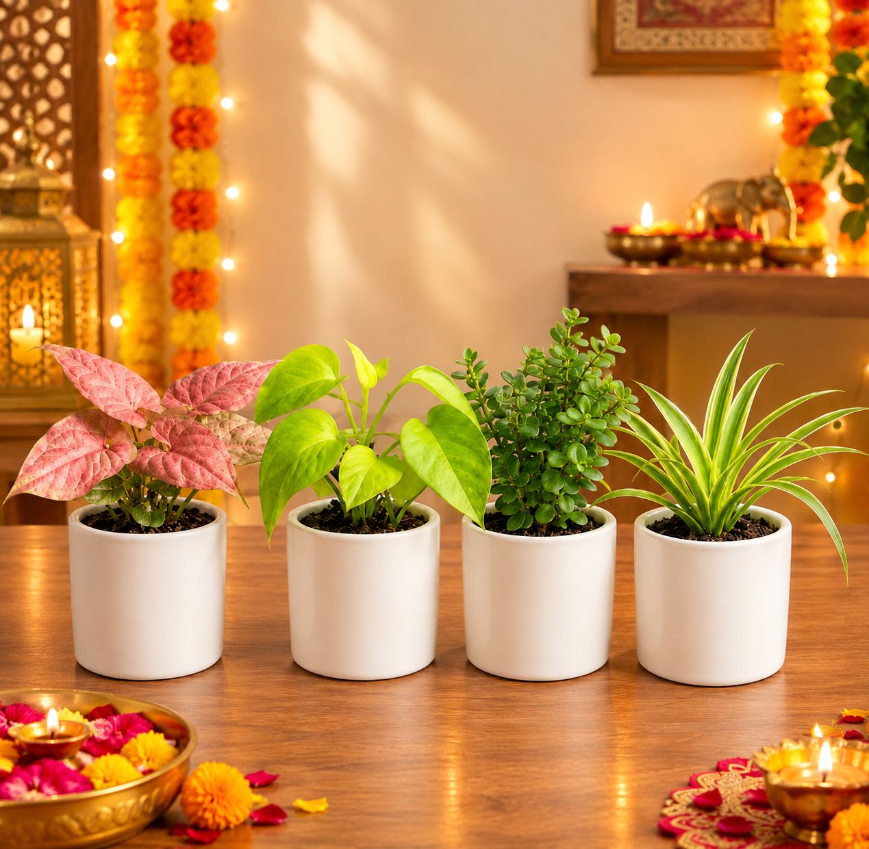 Indoor Bliss - Set of 4 - Syngonium Pink, Money plant, Spider & Jade in 4 Inch Stem Pipe Ceramic Pots
