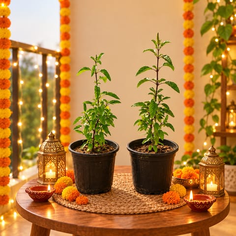 Tulsi Satvik Duo - Set of 2 - Tulsi (Rama & Shyama) in 6 Inch Nursery Pot