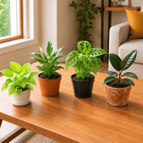 The Evergreen Indoor Plant Combo - Set of 4 - Money Plant Green, Peace Lily, Rubber Plant & Monstera Broken Heart in 4 Inch Nursery Pot