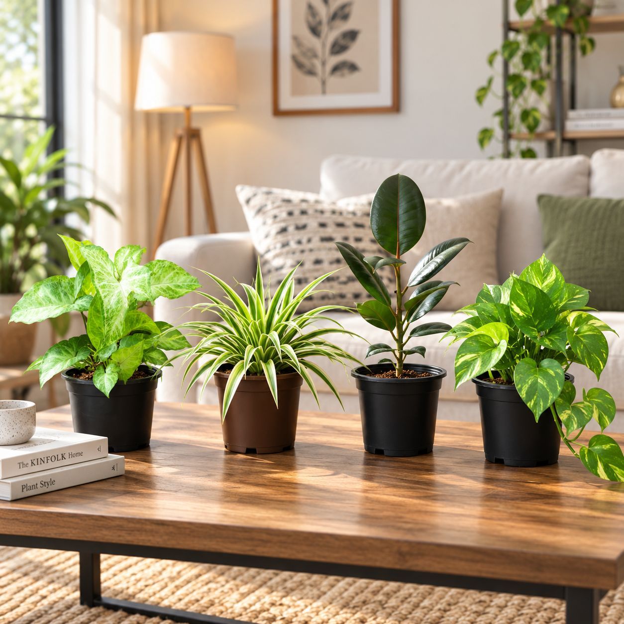 Indoor Beginner's Steal - Set of 4 Indoor Plants - Syngonium Desi, Money Plant Green , Rubber Black & Spider in 4 inch Nursery Pot | Mini Desk Setup
