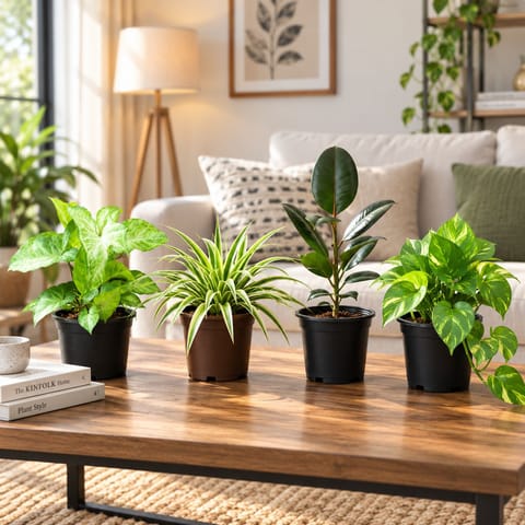 Indoor Beginner's Steal - Set of 4 Indoor Plants - Syngonium Desi, Money Plant Green , Rubber Black & Spider in 4 inch Nursery Pot | Mini Desk Setup