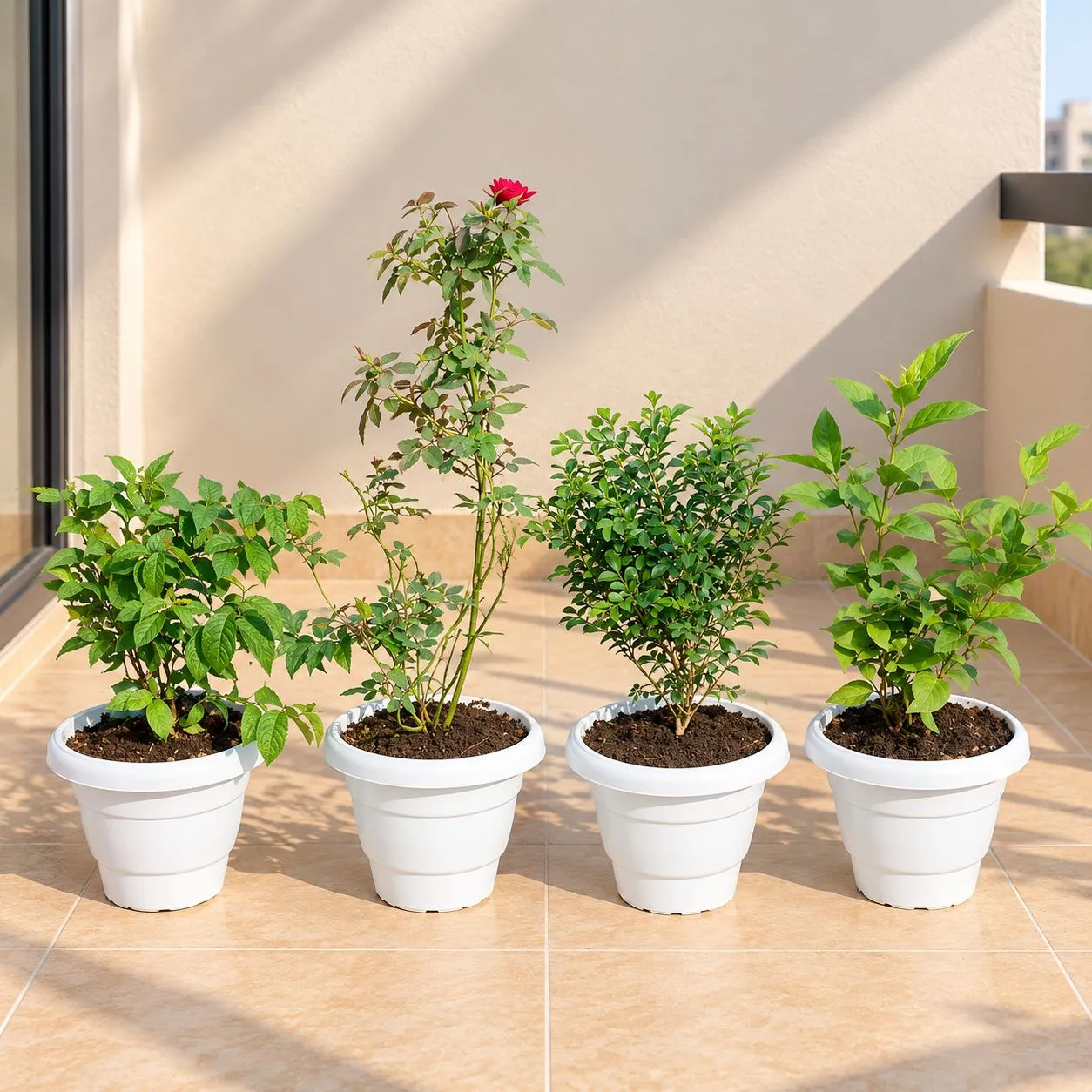 Fragrant Flowering Specials - Set of 4 - MadhuMalti / Rangoon Creeper, Rose, Madhu Kamini & Jasmine / Mogra in 8 Inch White Classy Plastic Pots