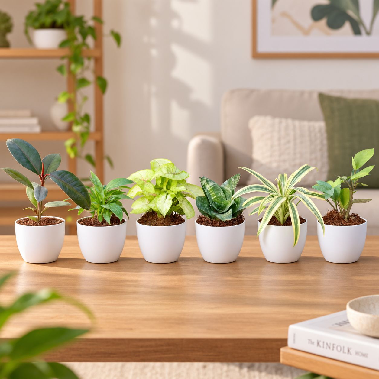 Air Purifying Special - Set of 6 - Rubber, Syngonium Yellow, ZZ green, Peace Lily, Song of India & Snake Green in 4 Inch White Premium Orchid Round Plastic Pot