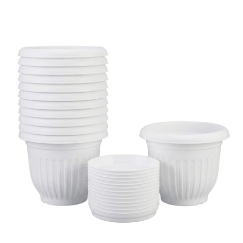 Set of 12 - 12 Inch White Olive Plastic Pot with 6.5 Inch White Premium Round Trays - To keep under the Pots