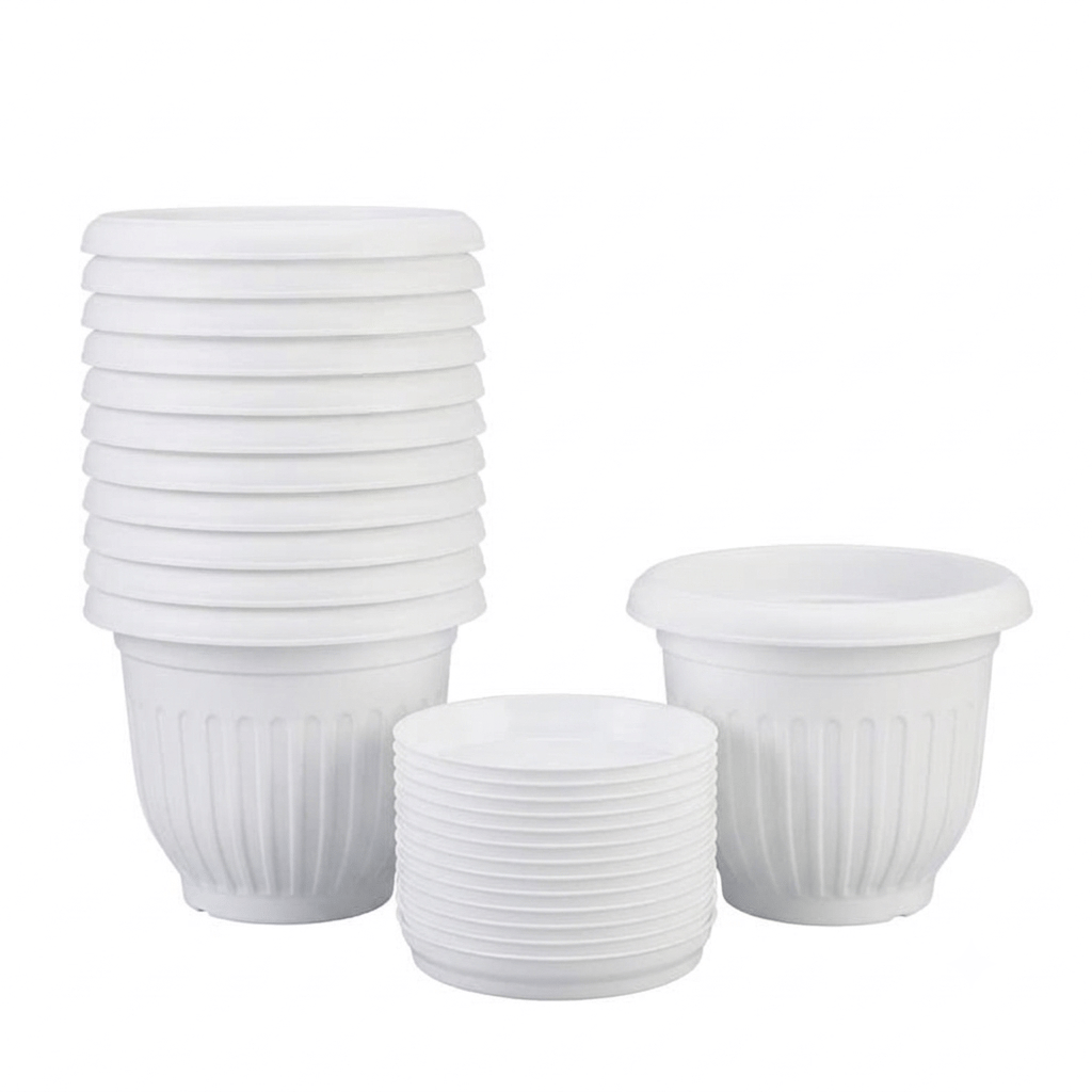 Set of 12 - 12 Inch White Olive Plastic Pot with 6.5 Inch White Premium Round Trays - To keep under the Pots