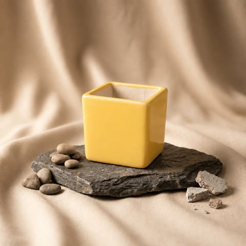 4 Inch Ceramic Pot | Yellow Glossy Crest Square Ceramic Planter