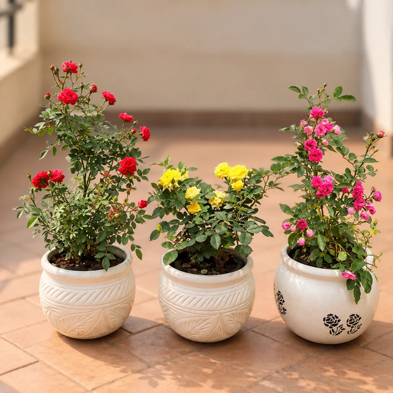 Set of 3 - Button Rose / Gulab (Pink, Red & Yellow) in 7 Inch Matki Designer Ceramic Pot (Any Colour & Design)