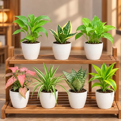 Ready To Move In Table Top Plants - Set of 7 - Peace Lily, Snake Dwarf Yellow, Money Plant Green, Syngonium Pink, Spider, Snake Dwarf Green & Lucky bamboo in 4 Inch White Orchid Plastic Pots
