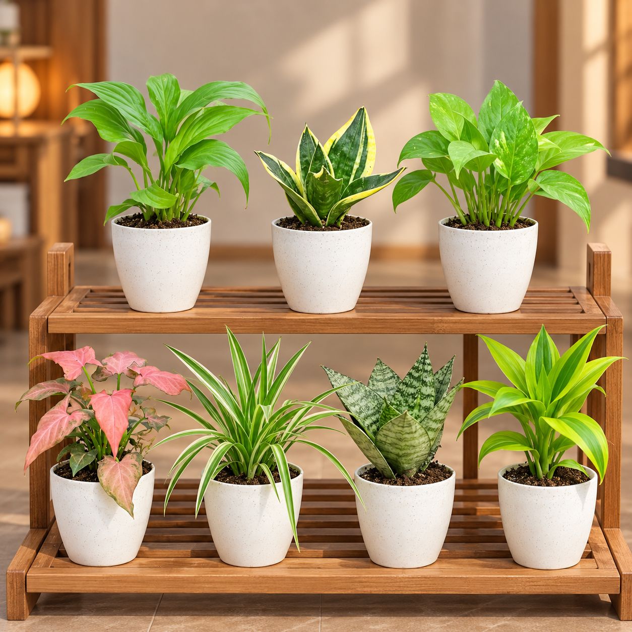 Ready To Move In Table Top Plants - Set of 7 - Peace Lily, Snake Dwarf Yellow, Money Plant Green, Syngonium Pink, Spider, Snake Dwarf Green & Lucky bamboo in 4 Inch White Orchid Plastic Pots