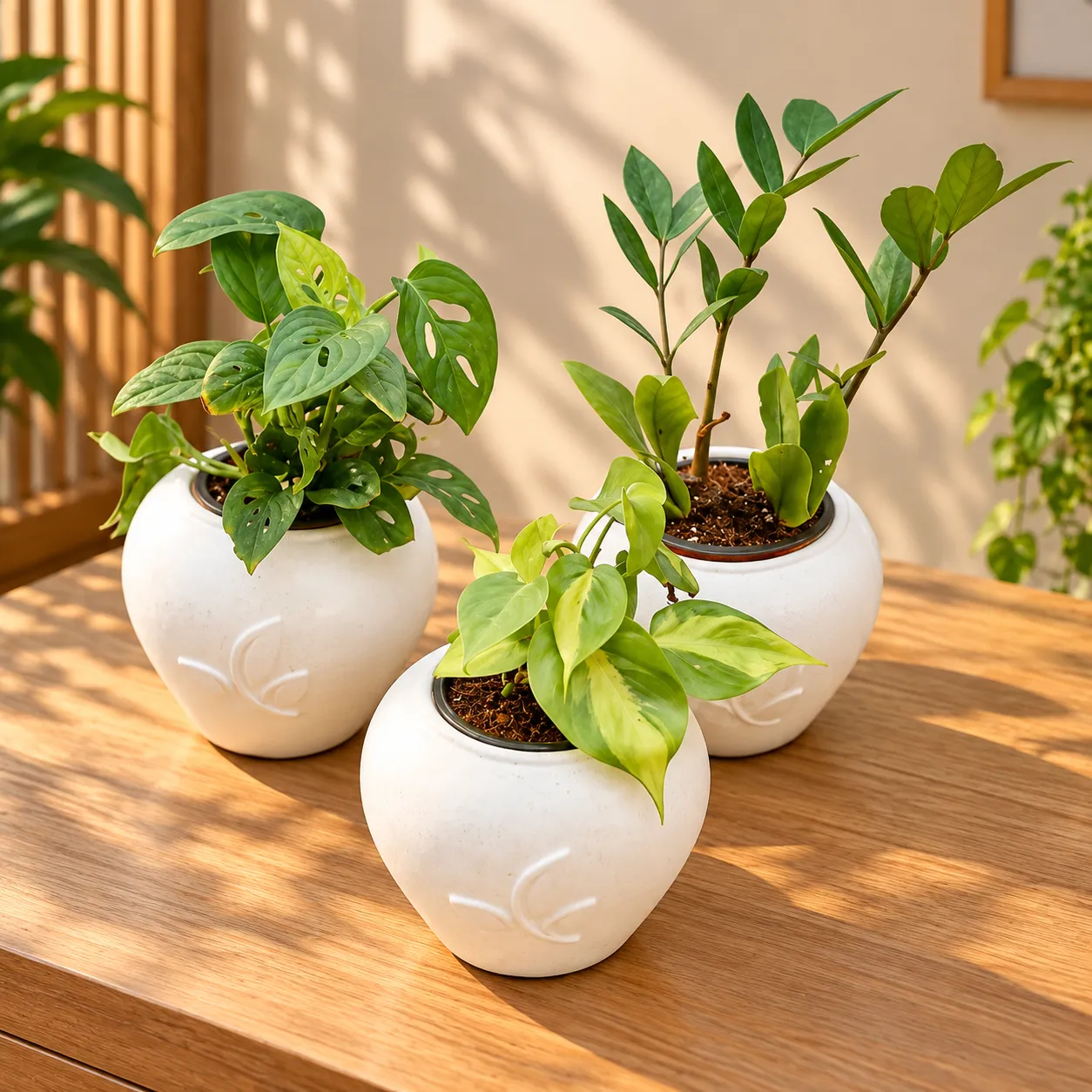 Set of 3 - Monstera Broken Heart, Zz Green & Oxycardium Vareigated in 7 Inch Plain White Premium Apple Leaf Plastic Pot