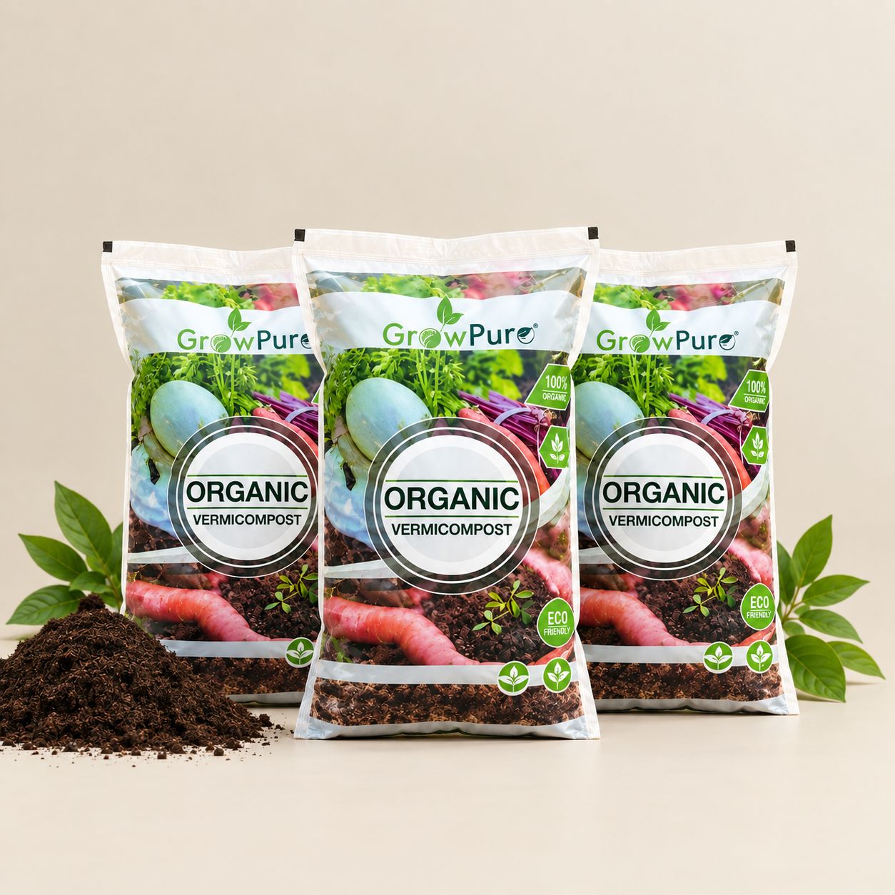 Set of 3 - 2 KG Grow Pure Organic Vermicompost for plants growth - 6 KG