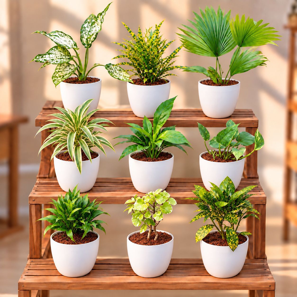 Indoor Greenery - Set of 9 - Aglaonema Snow White, Chironji Croton, China Palm, Song of India, Peace Lily, Money Plant Green, Dracaena Compacta, Aralia Dinner Plate & Song Of India in 6 Inch White Premium Orchid Round Plastic Pot