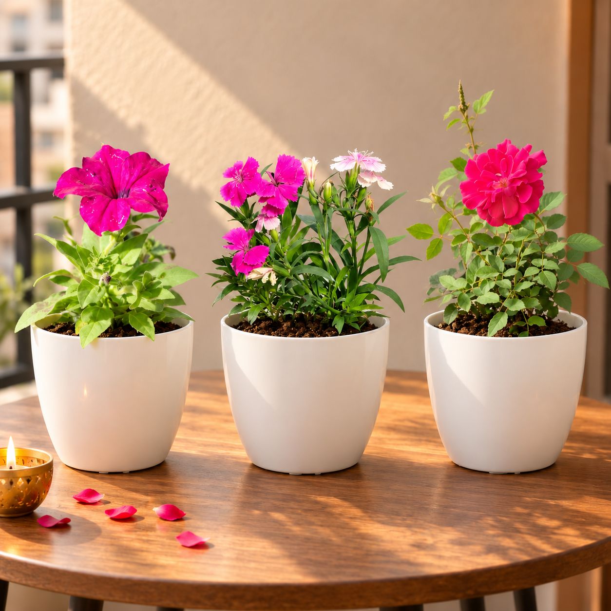 Floral Pop - Set of 3 - Petunia, Dianthus & Kashmiri Rose in 6 Inch Orchid Plastic Pots